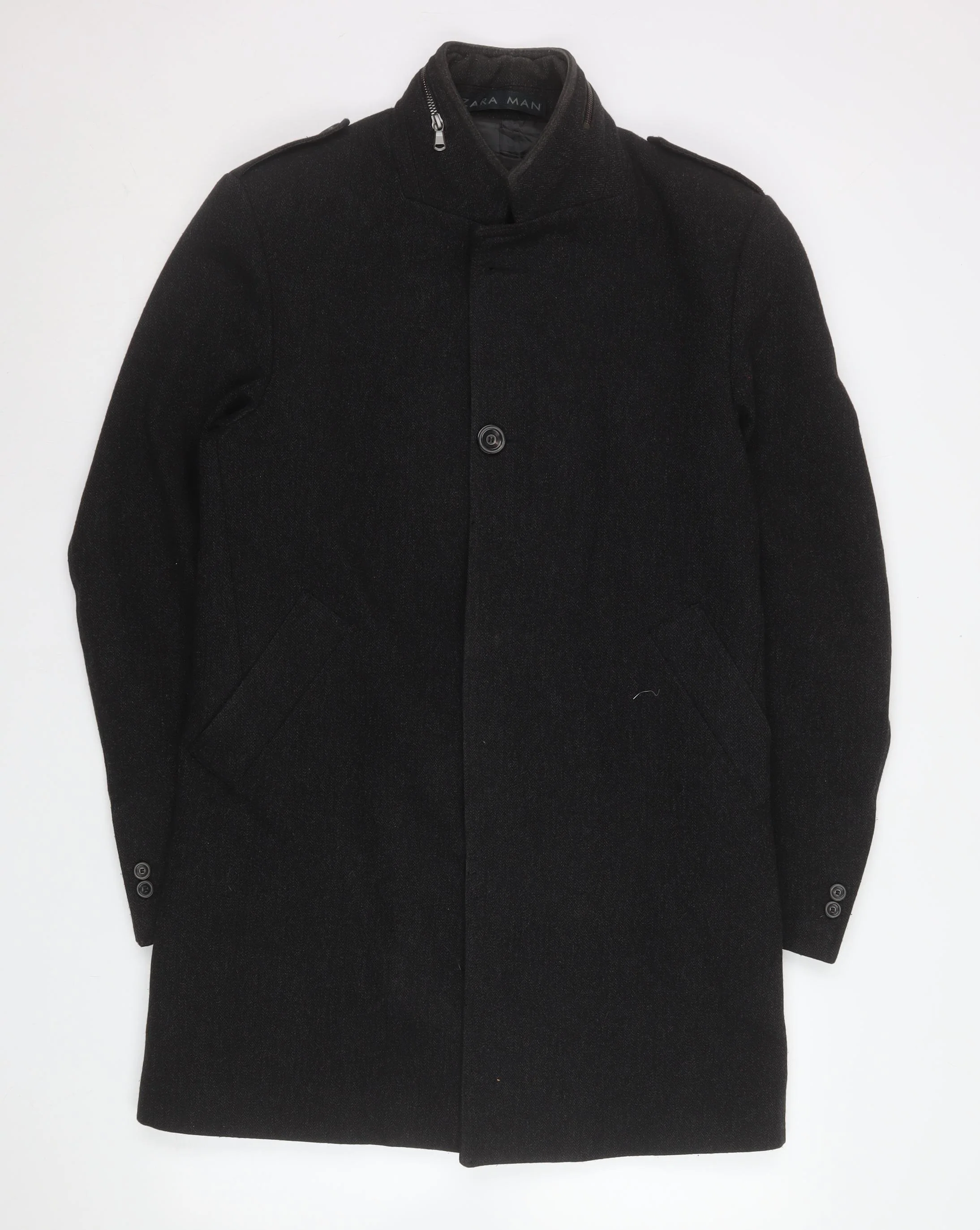 Zara Man Black Wool Blend Stand-Up Collar Men's Medium Overcoat