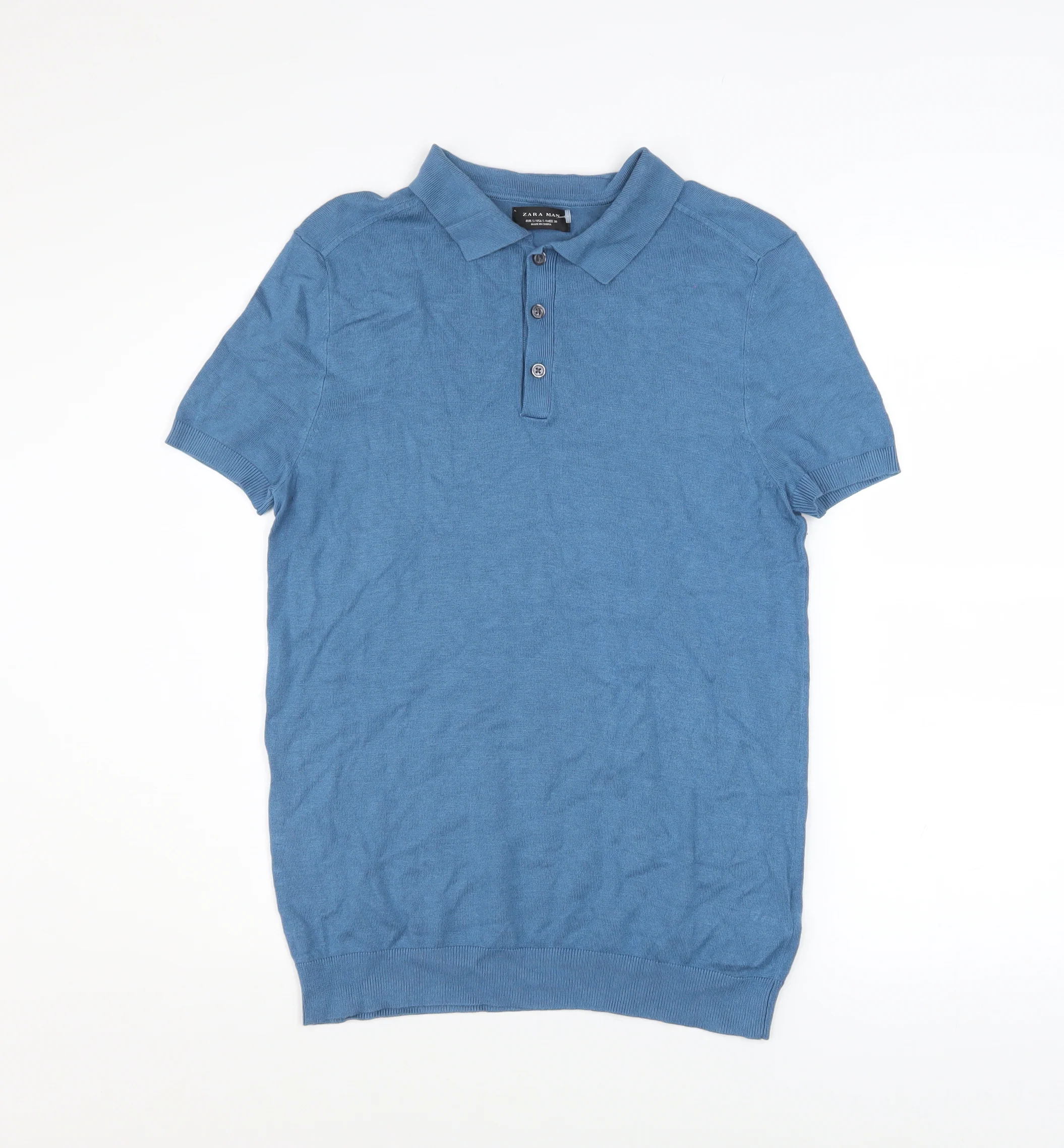 Zara Man Blue Short Sleeve Polo Shirt Men's Size S Viscose Knit Top
