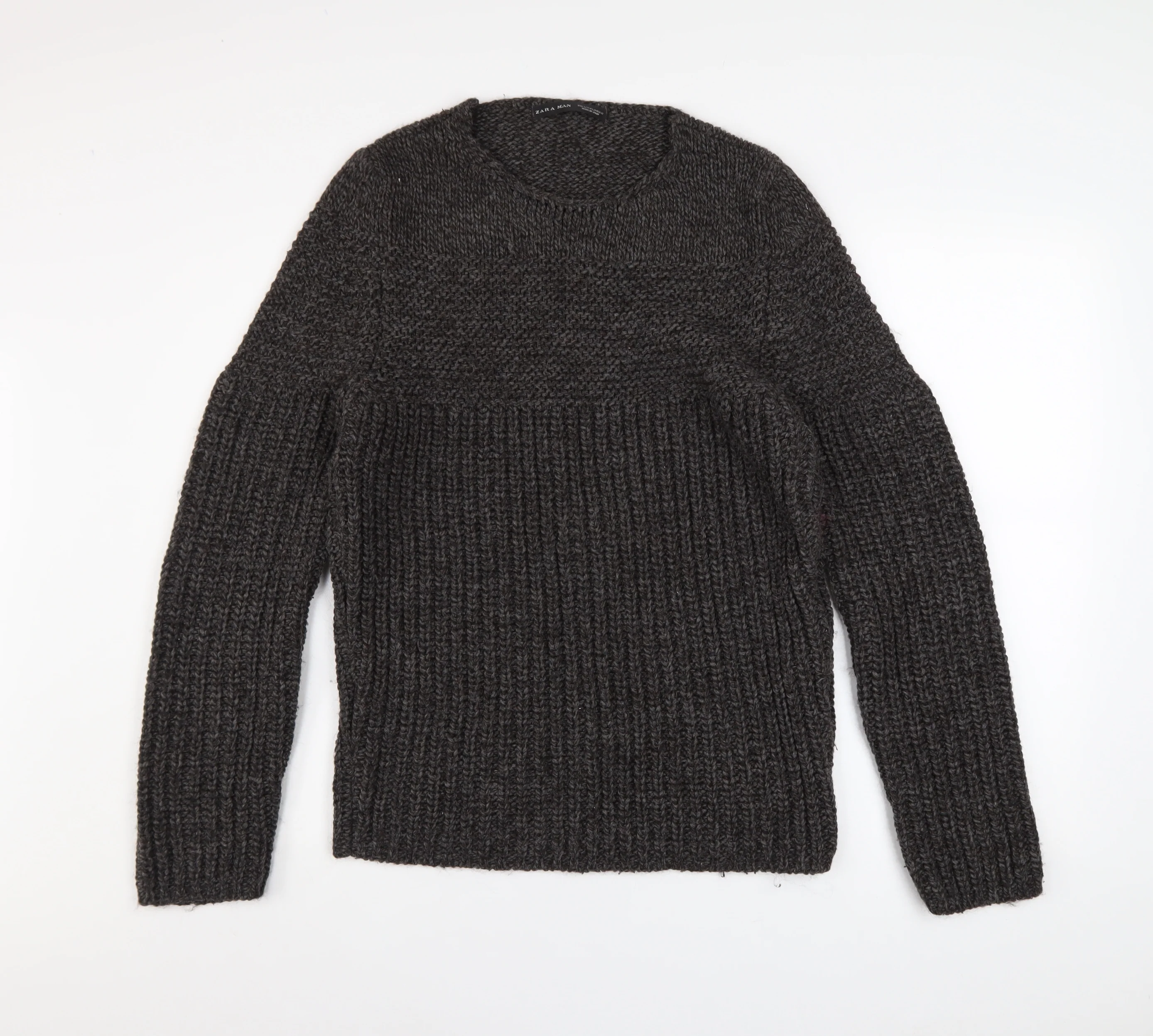 Zara Man Mens Grey Chunky-Knit Crew Neck Pullover Jumper Size L
