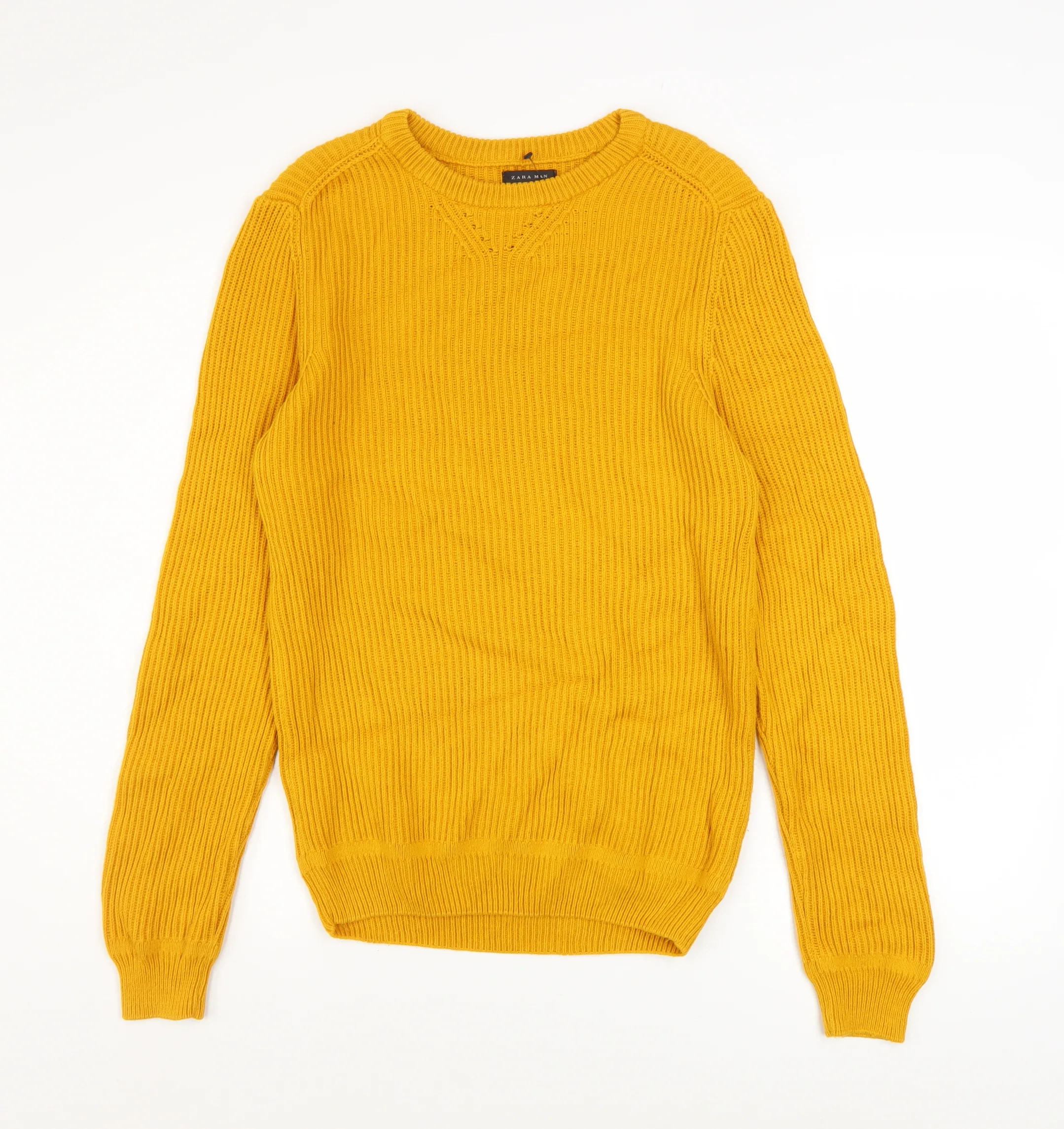 Zara Man Yellow Cotton Ribbed Crew Neck Men's M Pullover Jumper