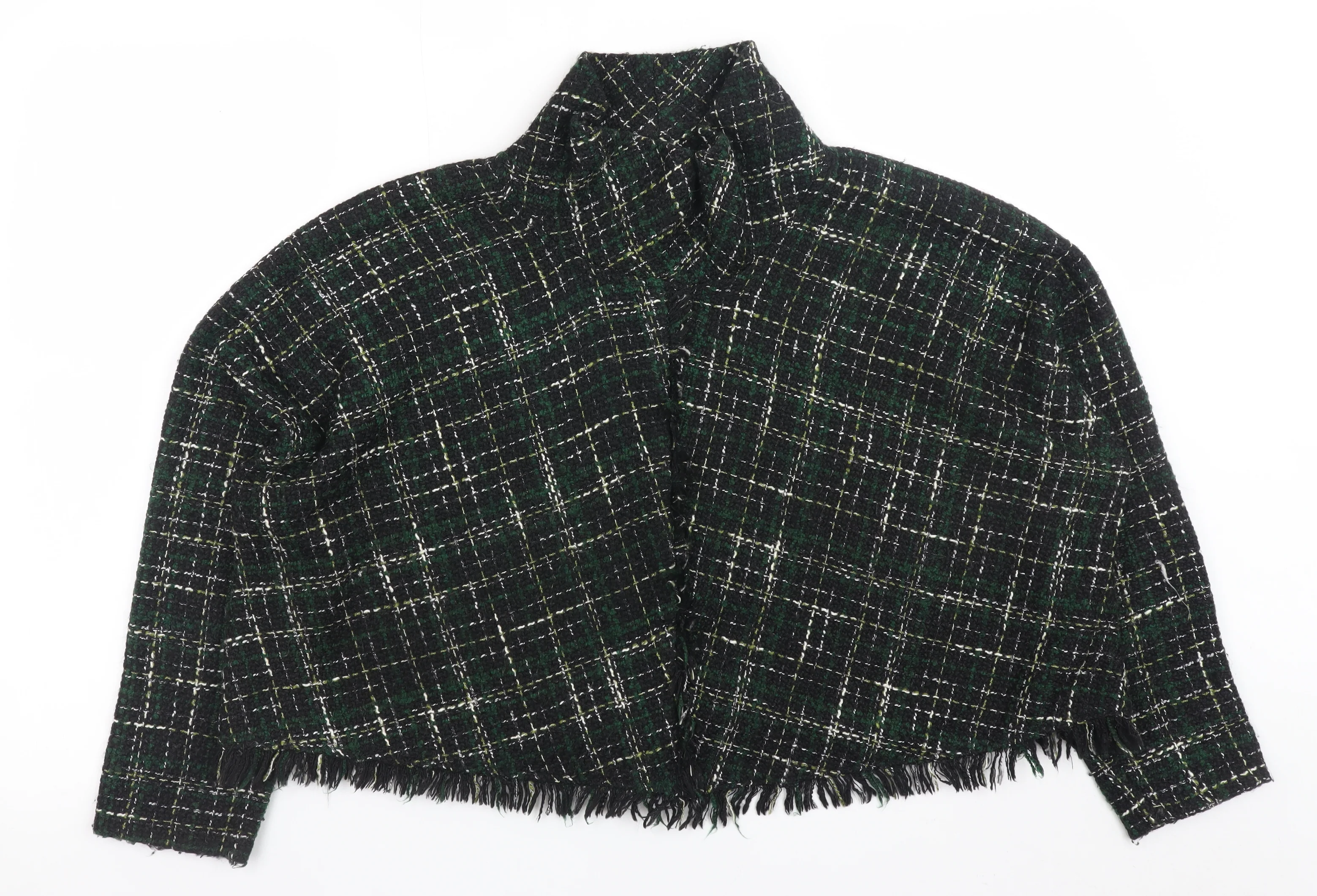 Zara Woman Green Tweed Check Cropped Blazer Jacket L Wool Blend