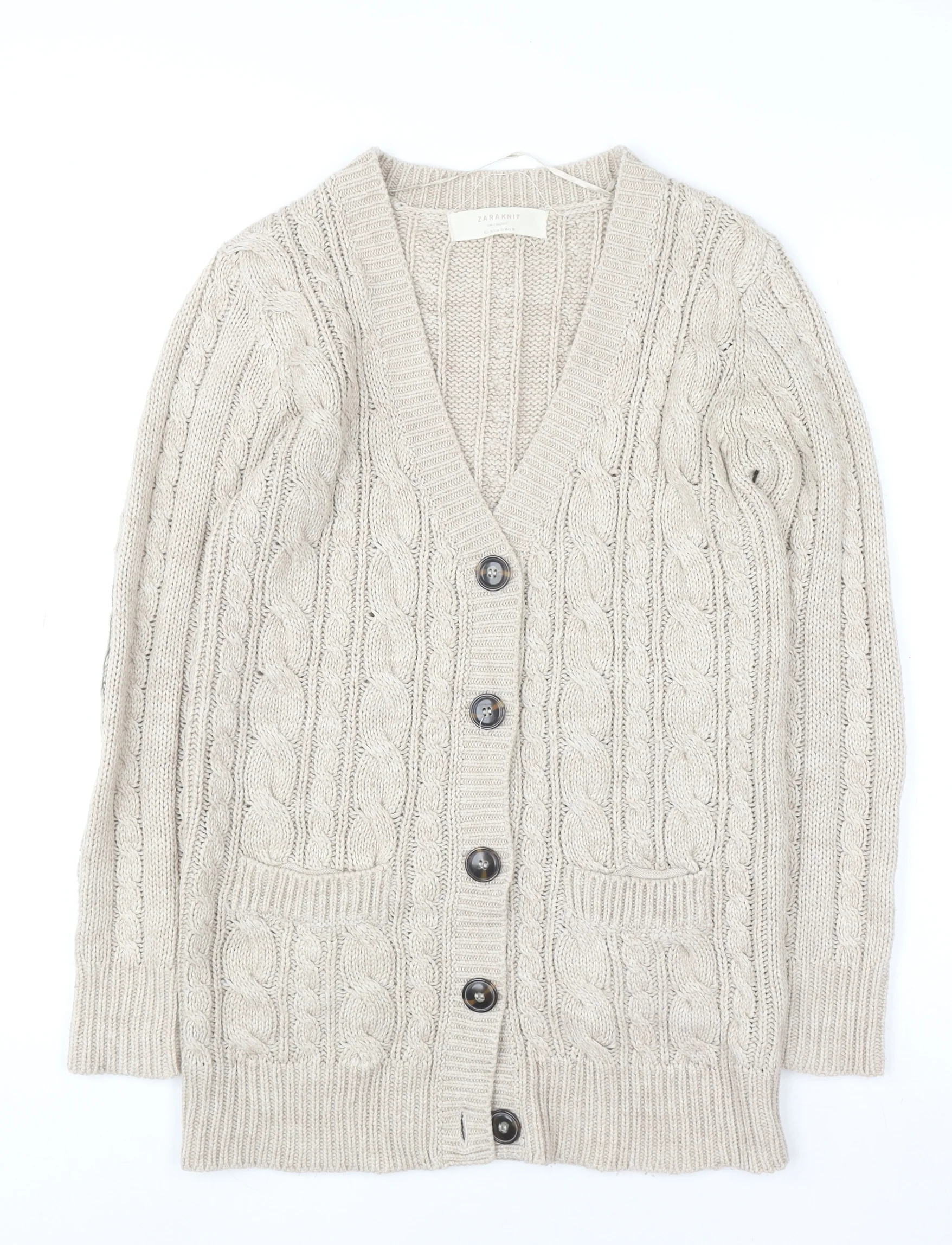 Zara Women Beige Cable Knit Long Sleeve V-Neck Cardigan Size S