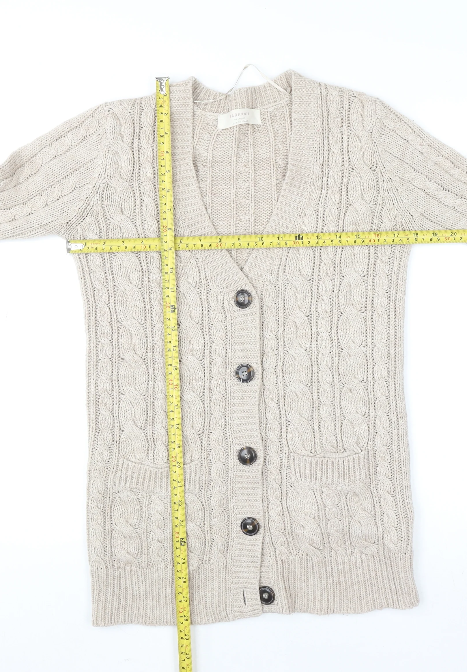 Zara Women Beige Cable Knit Long Sleeve V-Neck Cardigan Size S - Image 2