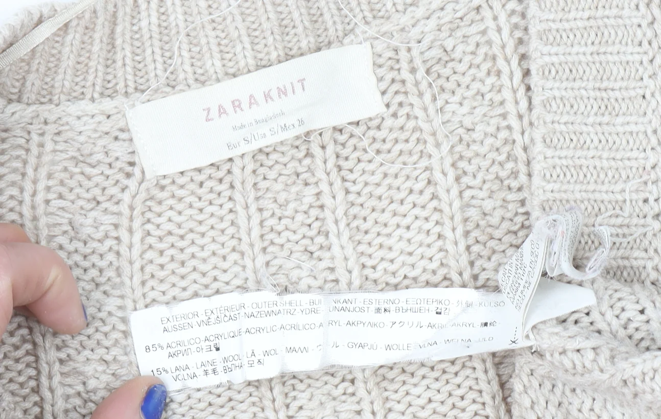 Zara Women Beige Cable Knit Long Sleeve V-Neck Cardigan Size S - Image 4