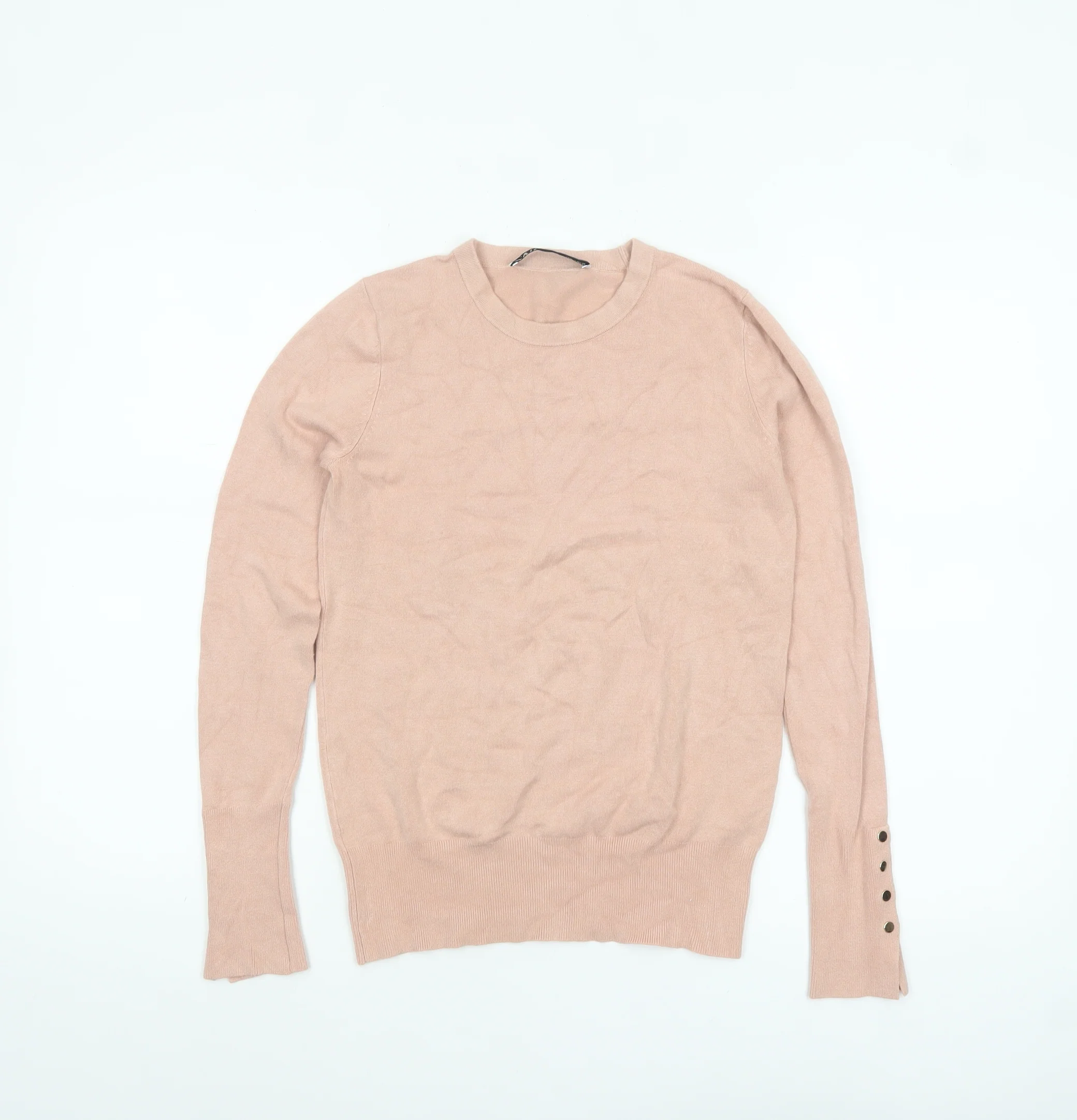 ZARA Women Beige Crew Neck Button Cuff Pullover Jumper Size 10