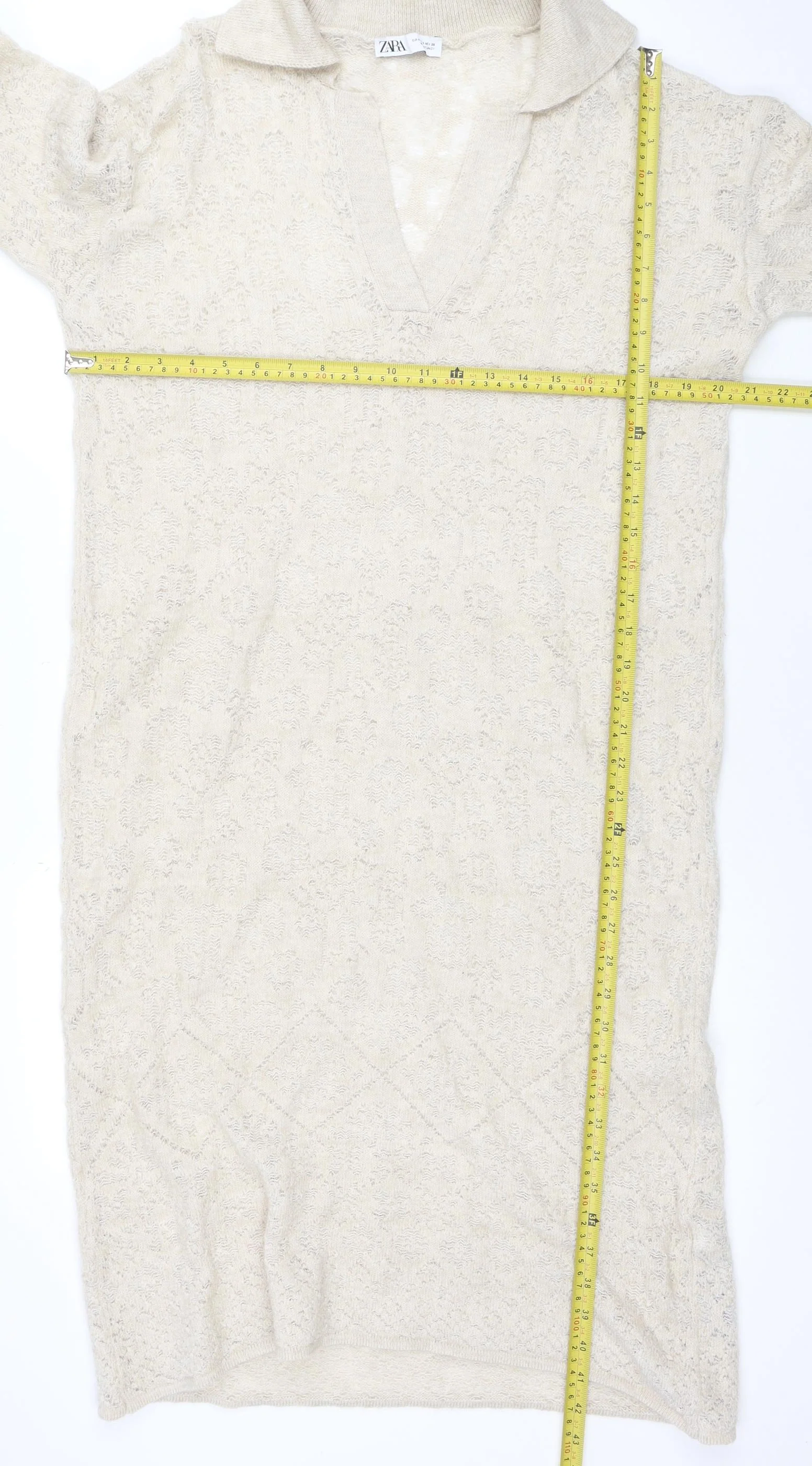 Zara Women Beige Knit Bodycon Dress Size S Cowl Neck 3/4 Sleeve - Image 2
