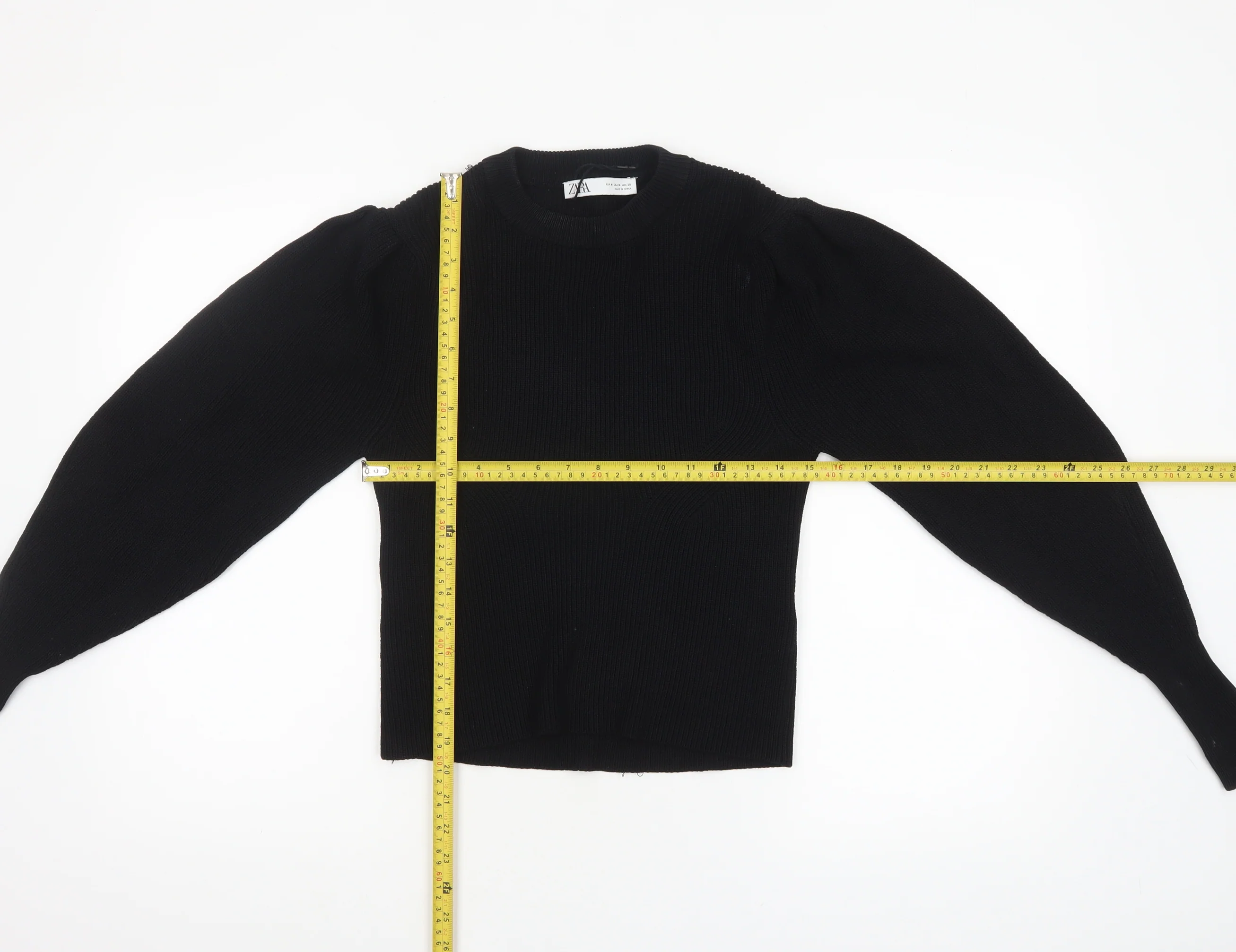 ZARA Women Black Crew Neck Knit Puff Sleeve Pullover Jumper Size 12 - Image 2
