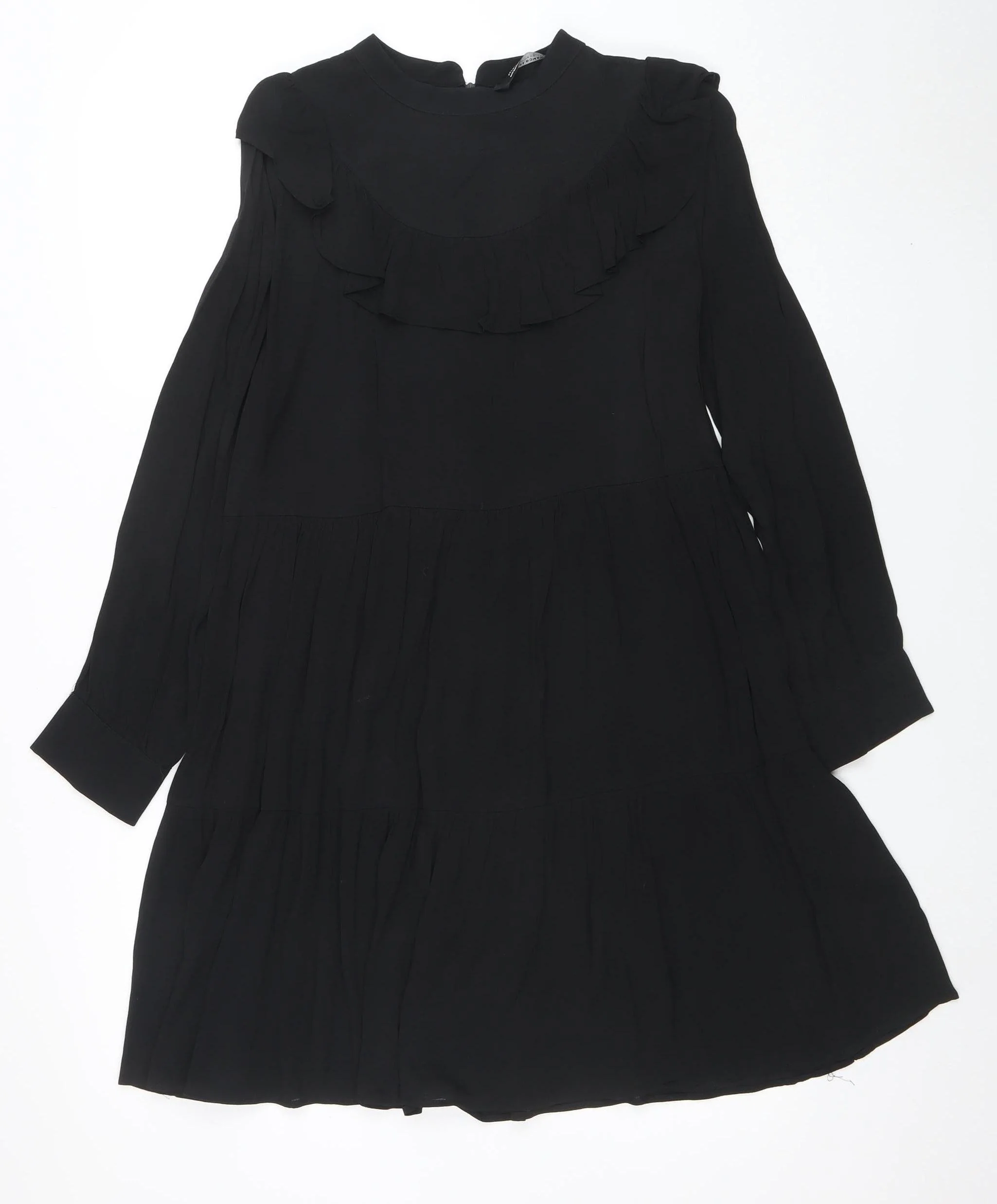 Zara Women Black Ruffle High Neck Long Sleeve Shift Dress M