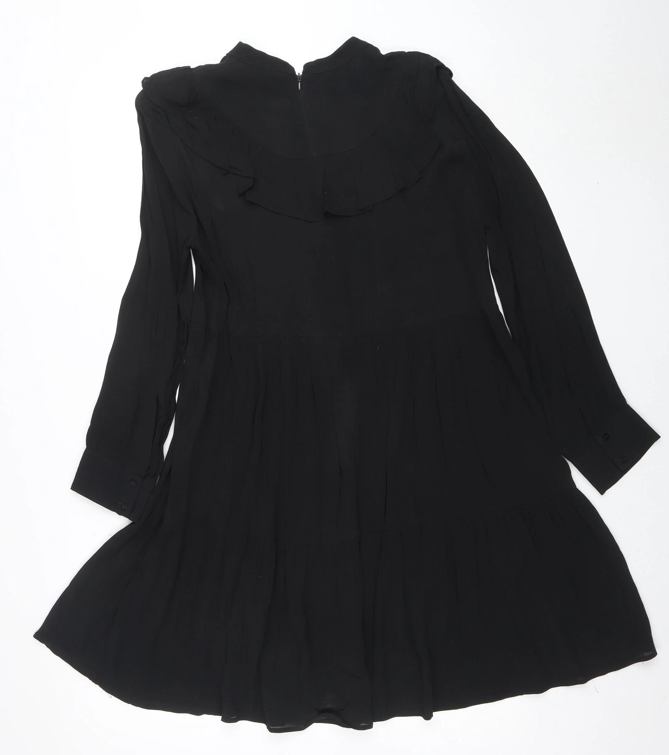Zara Women Black Ruffle High Neck Long Sleeve Shift Dress M - Image 3