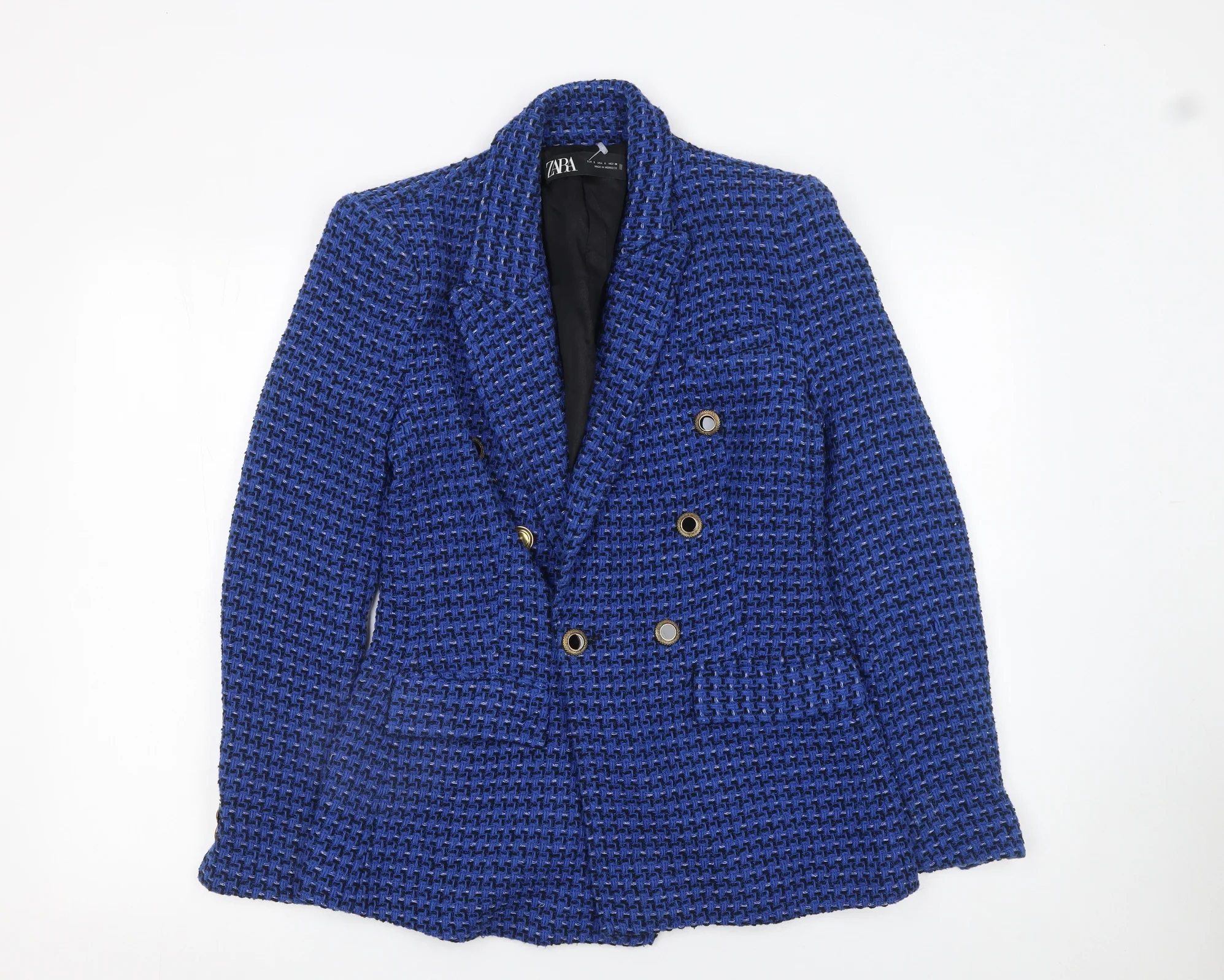 Zara Women Blue Bouclé Double-Breasted Blazer Size S Classic Fit