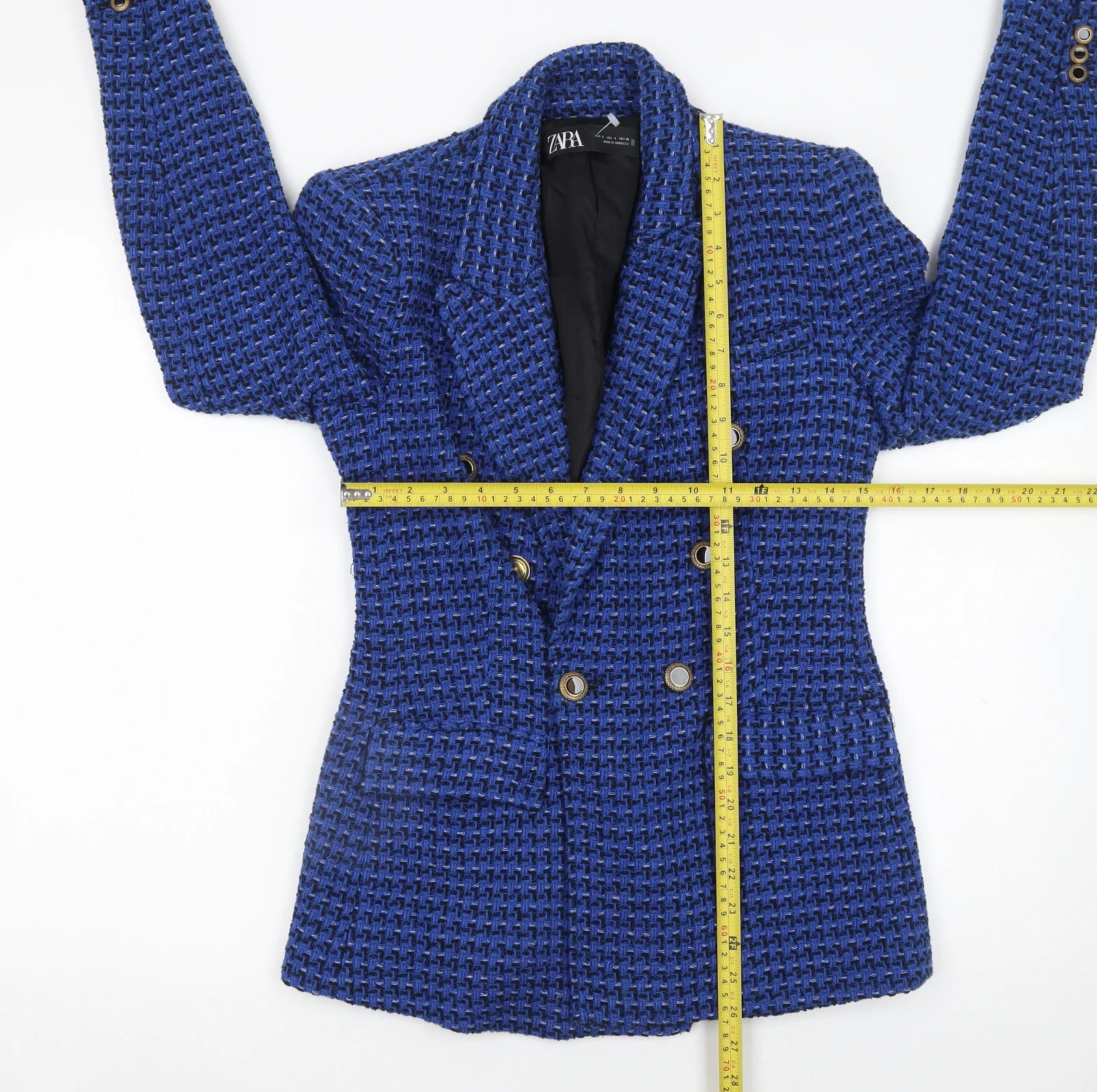 Zara Women Blue Bouclé Double-Breasted Blazer Size S Classic Fit - Image 2
