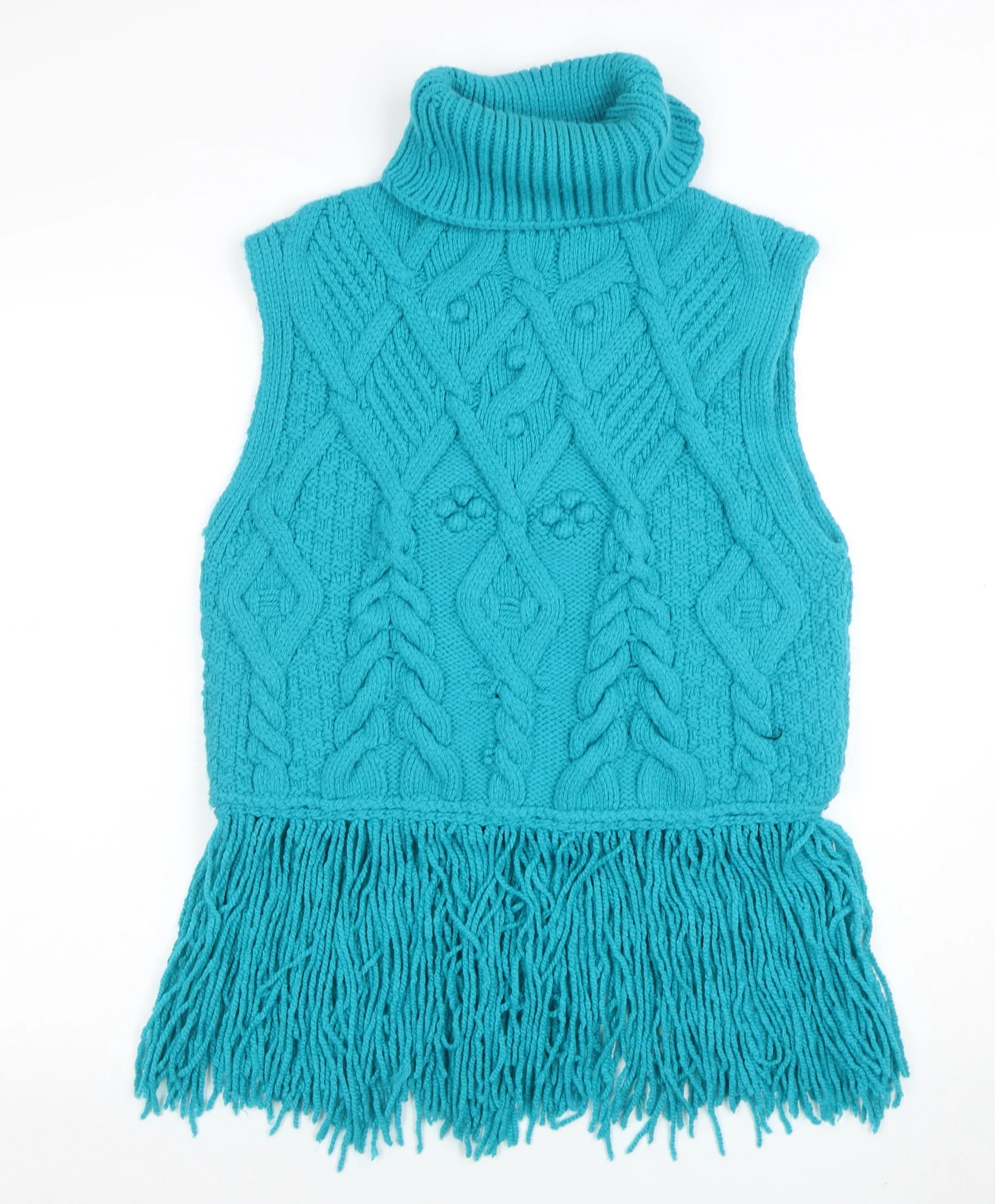 ZARA Women Blue Cable-Knit Roll Neck Sleeveless Fringe Vest M