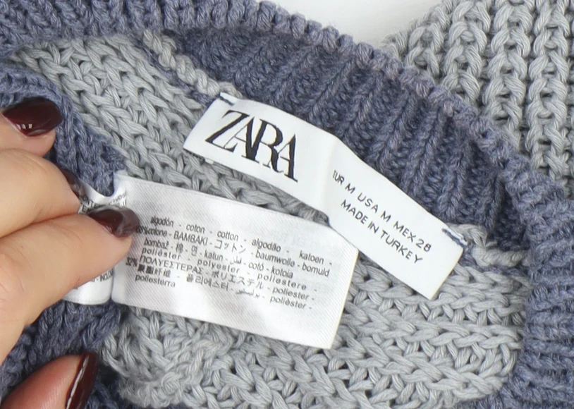 ZARA Women Blue Knit Cotton Blend Raglan Sleeve Belted Jumper Size M - Image 4