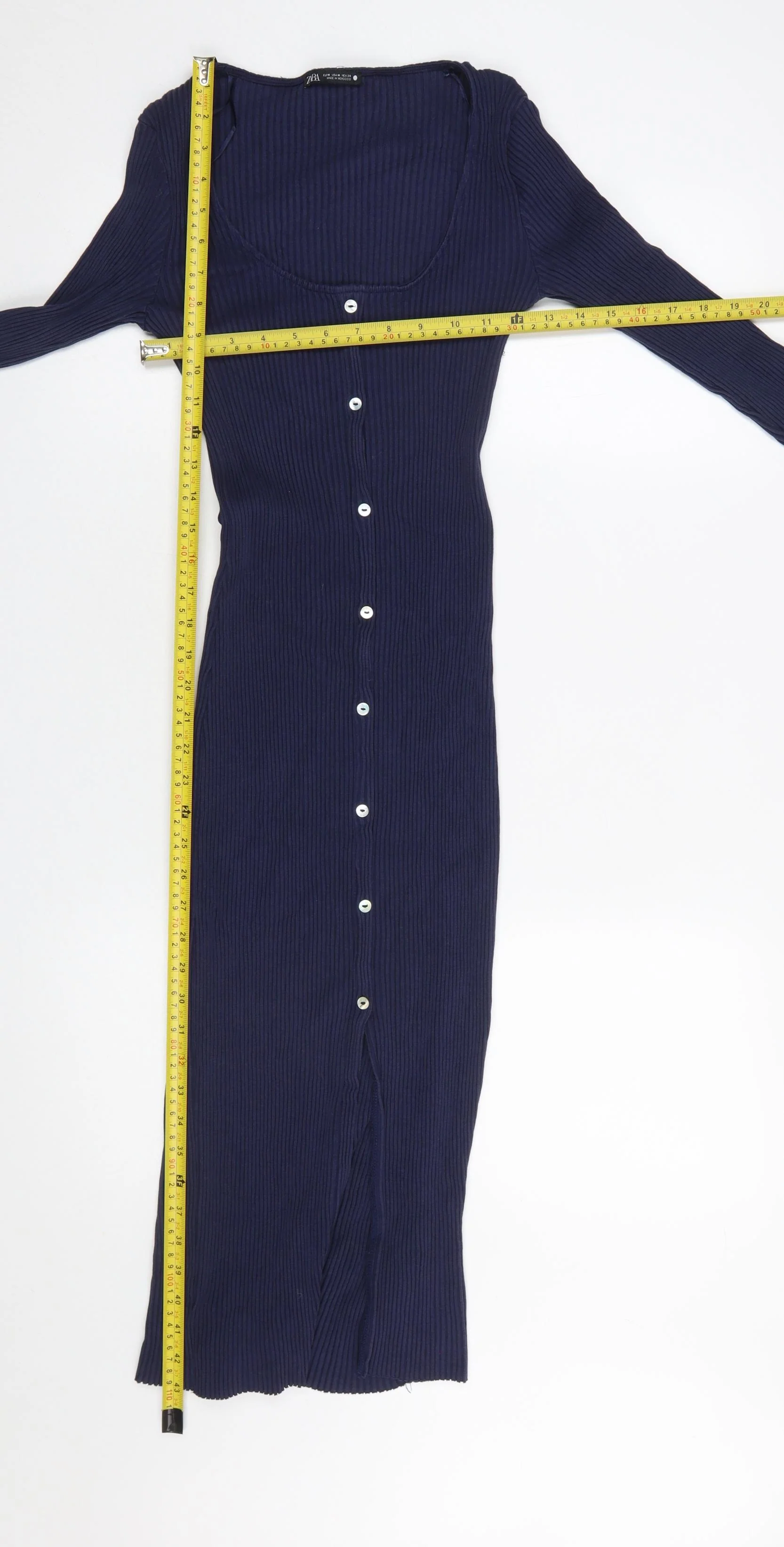 Zara Women Blue Midi Bodycon Button Front Long Sleeve Dress M - Image 3