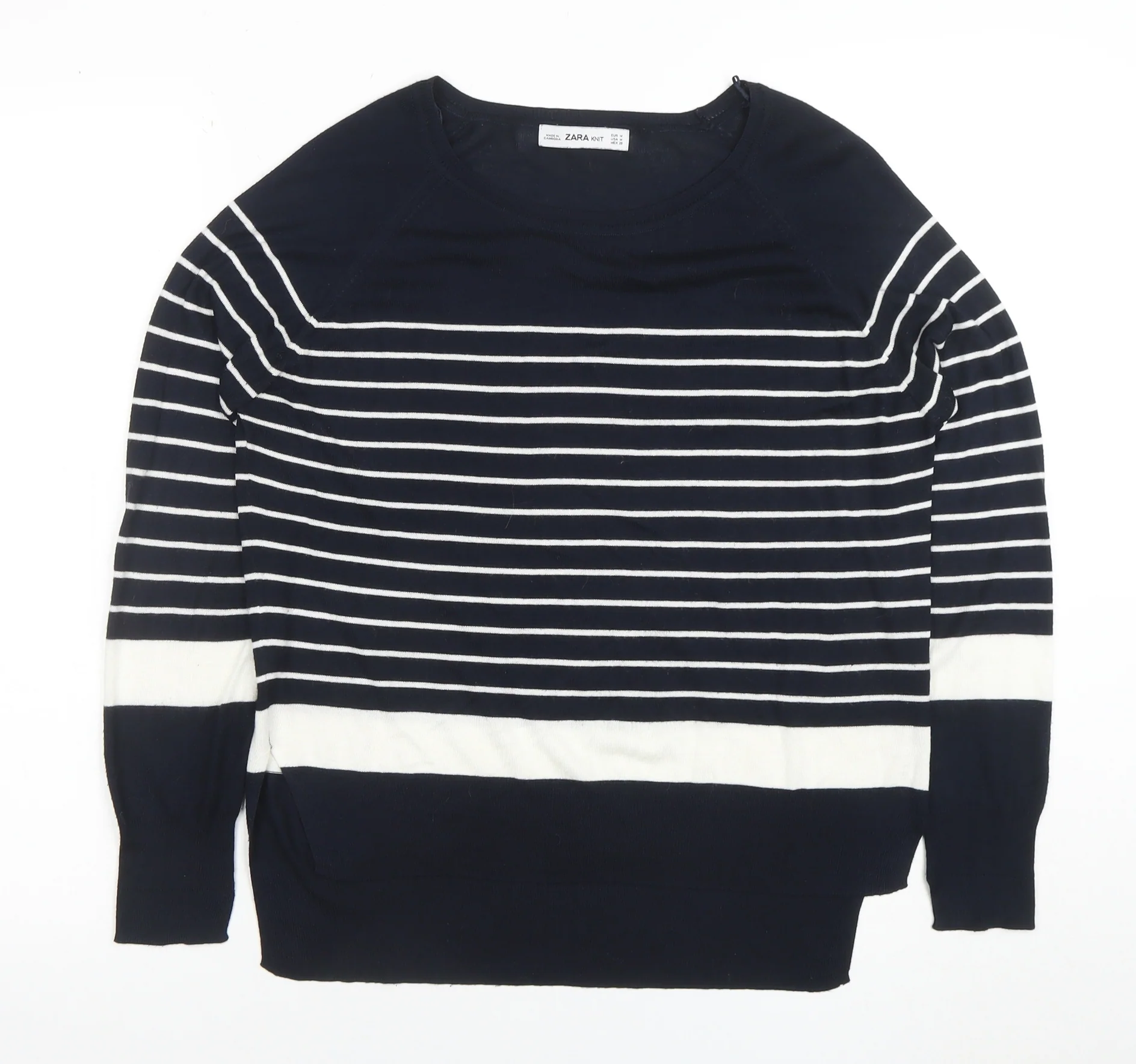 Zara Women Blue Striped Knit Long Sleeve Boat Neck Blouse M