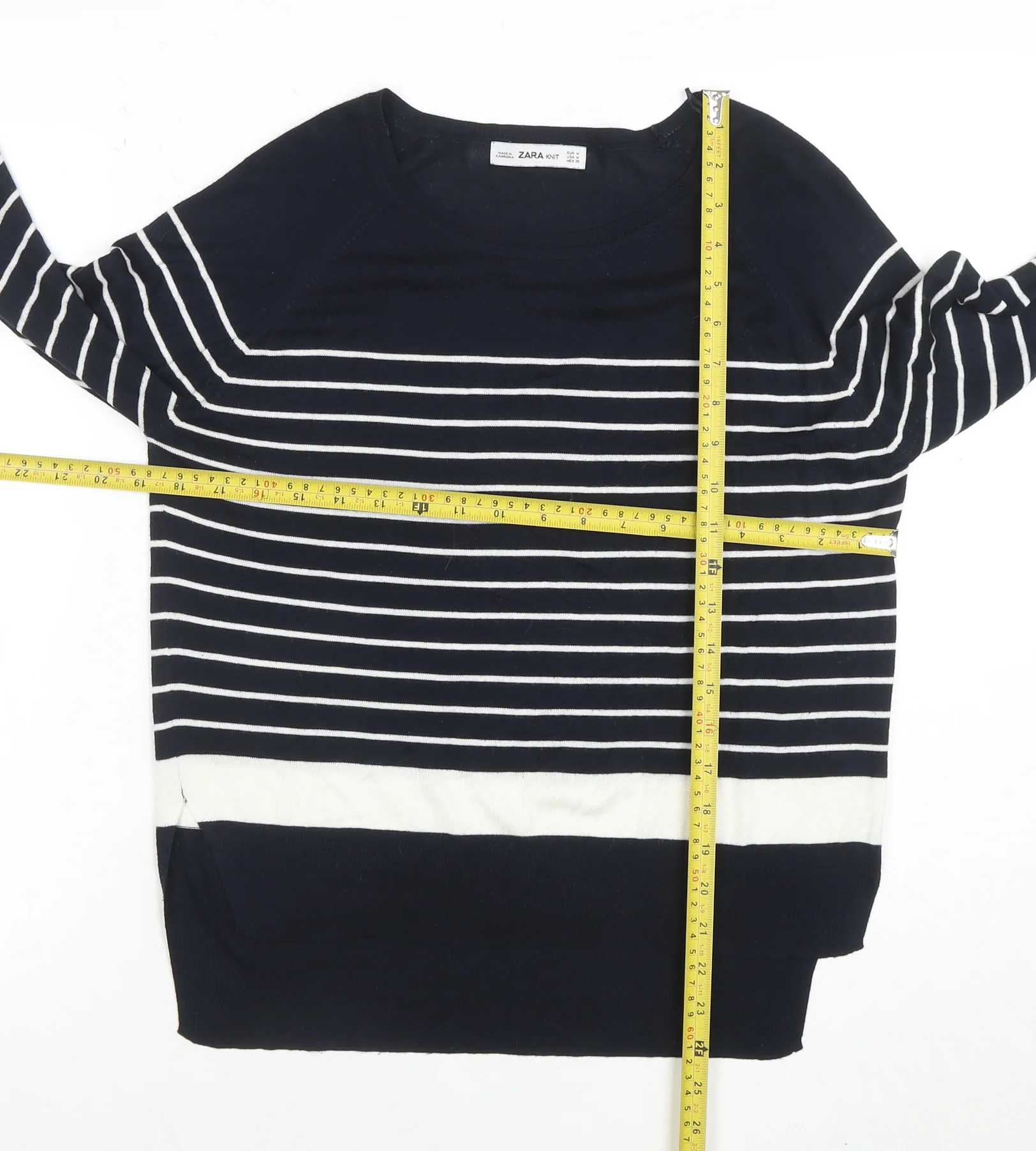 Zara Women Blue Striped Knit Long Sleeve Boat Neck Blouse M - Image 2