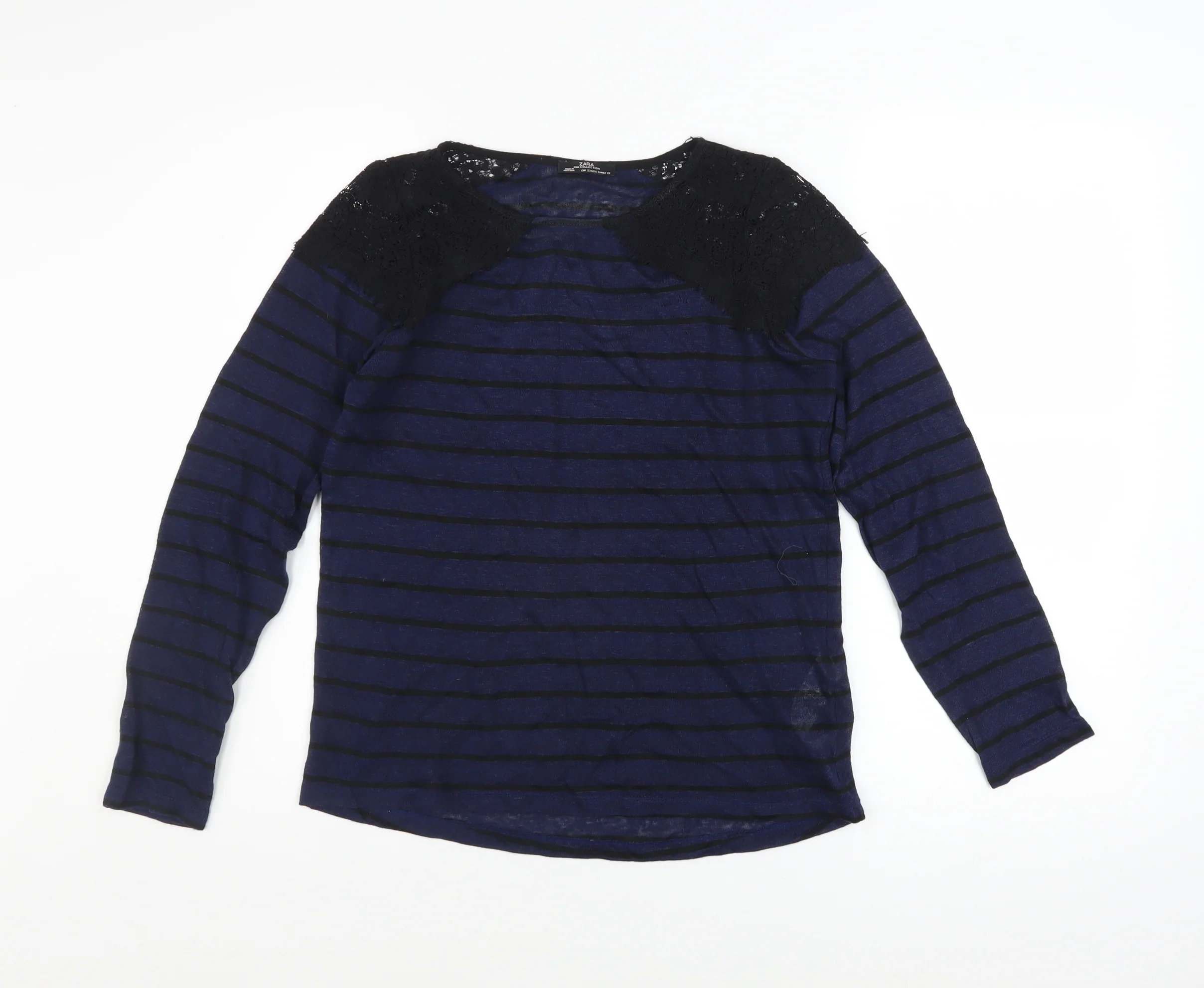 Zara Women Blue Striped Lace Shoulder Long Sleeve Jumper Size S