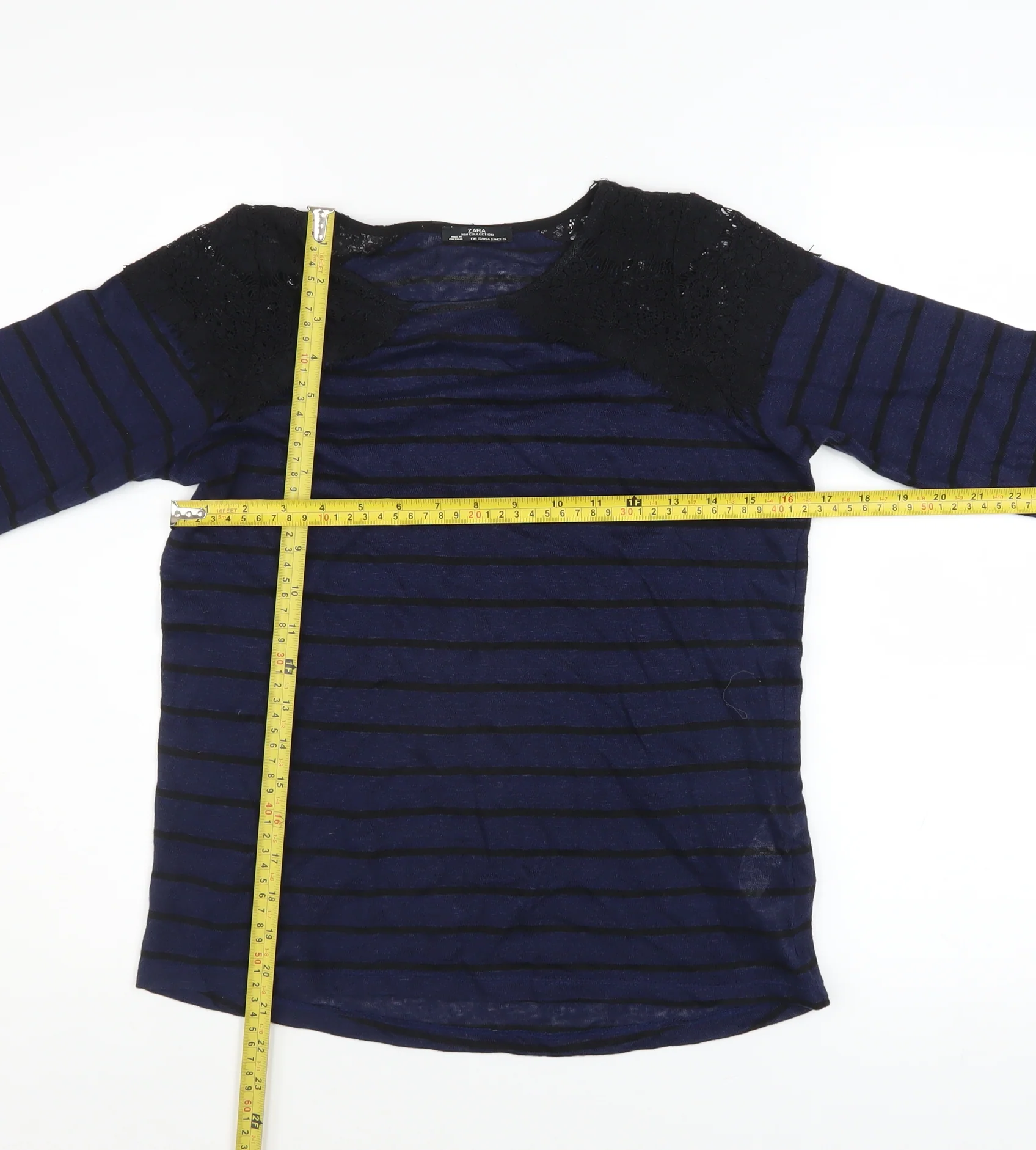 Zara Women Blue Striped Lace Shoulder Long Sleeve Jumper Size S - Image 2