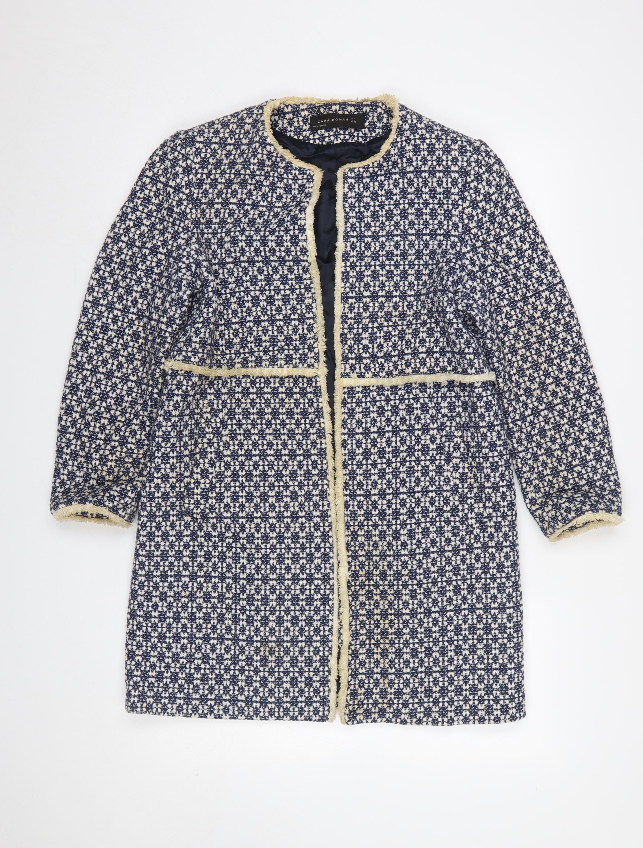Zara Women Blue Tweed Mid-Length Coat Size 12 Fringe Detail
