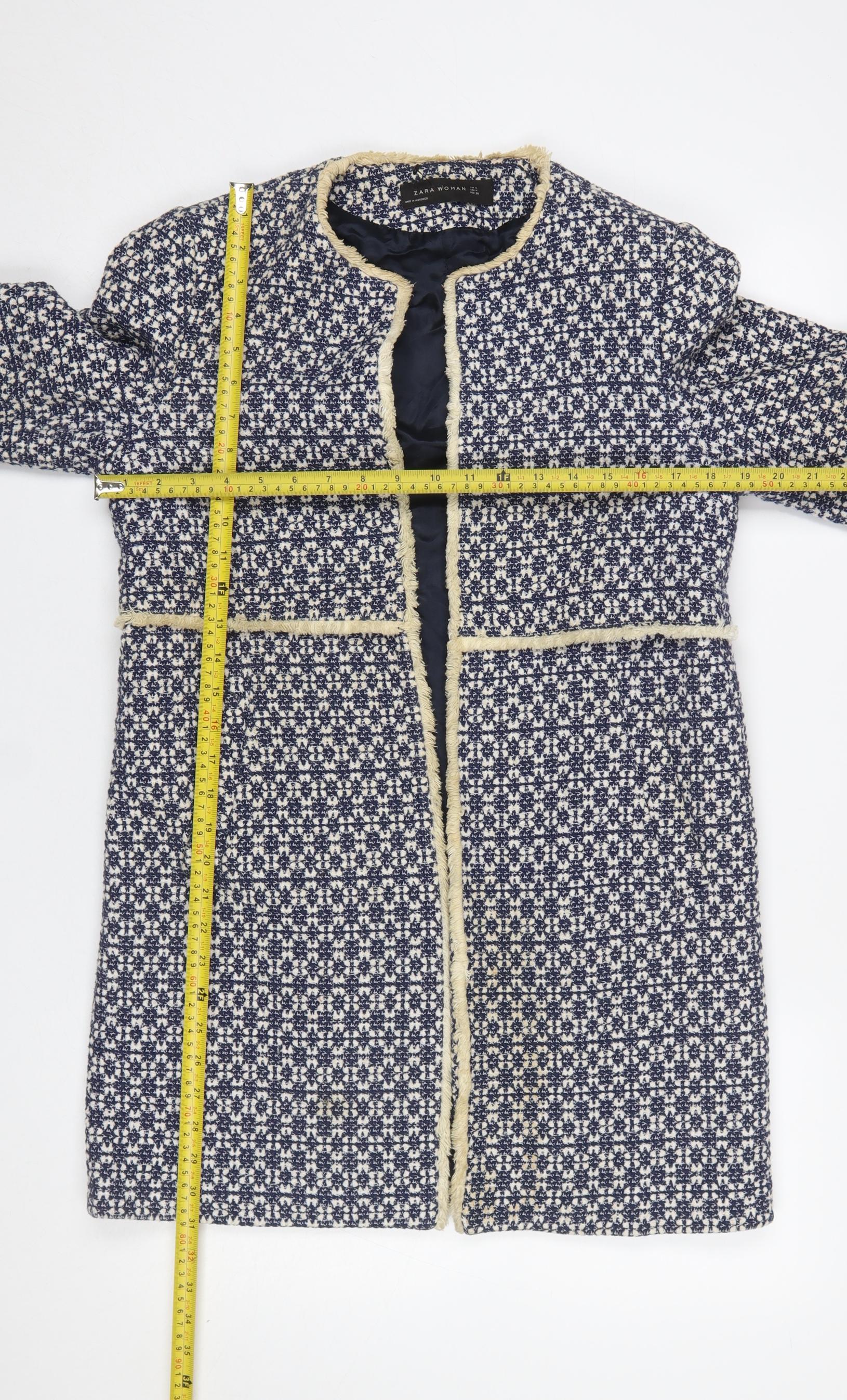 Zara Women Blue Tweed Mid-Length Coat Size 12 Fringe Detail - Image 2