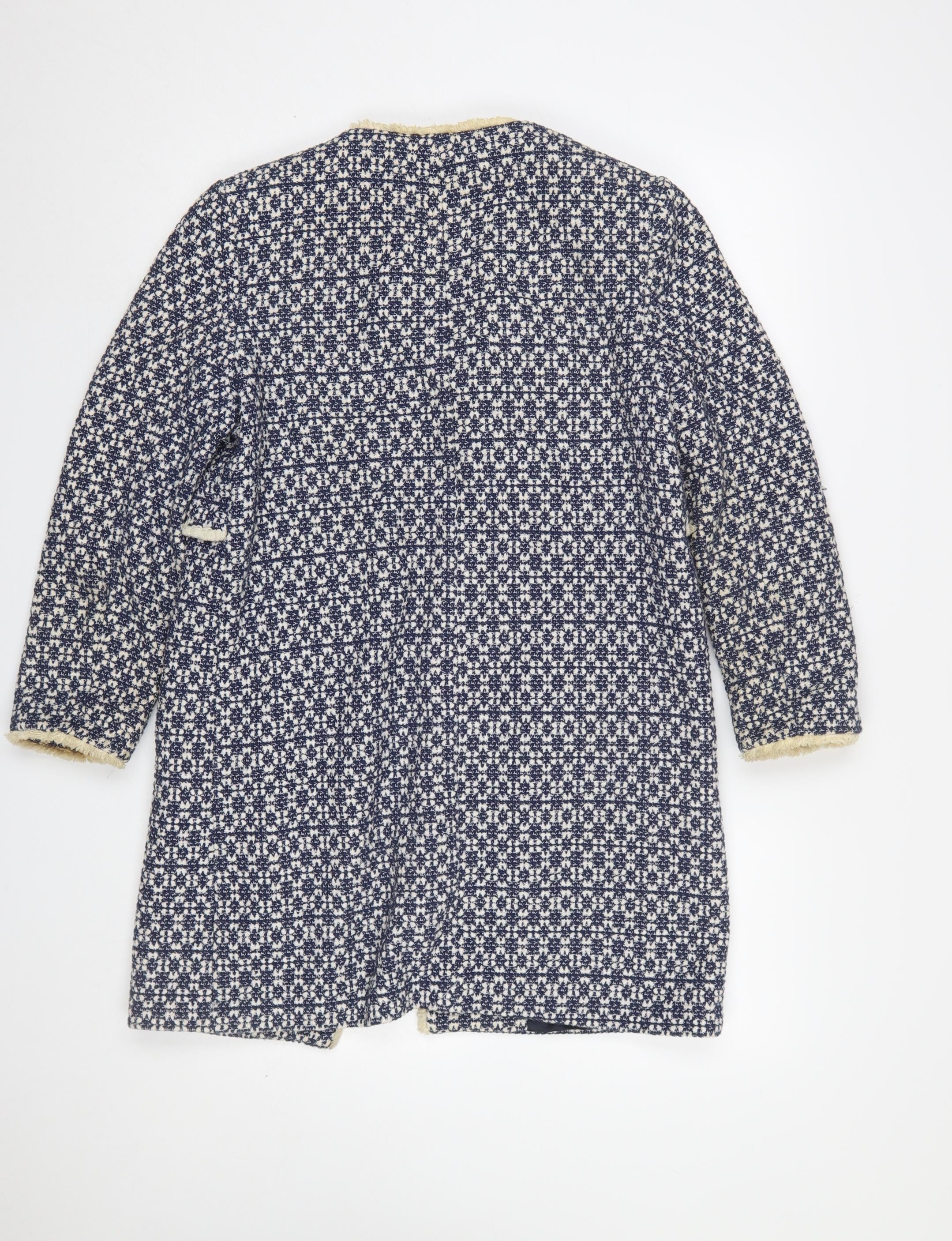 Zara Women Blue Tweed Mid-Length Coat Size 12 Fringe Detail - Image 3