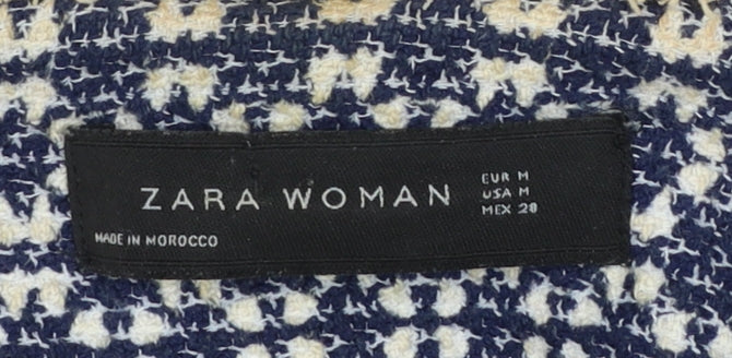 Zara Women Blue Tweed Mid-Length Coat Size 12 Fringe Detail - Image 4