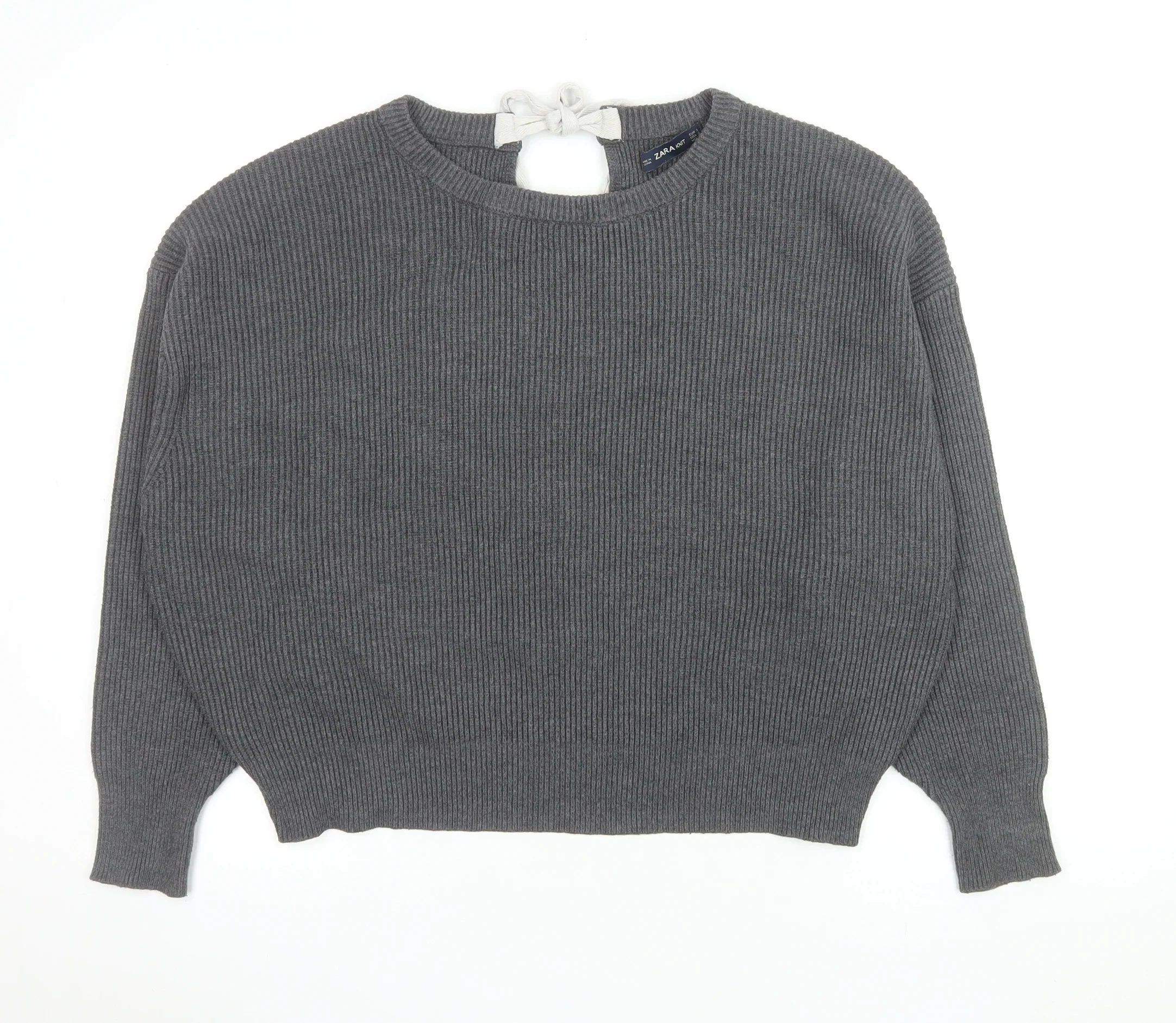 Zara Women Grey Knit Bow Back Relaxed Pullover Jumper Size S
