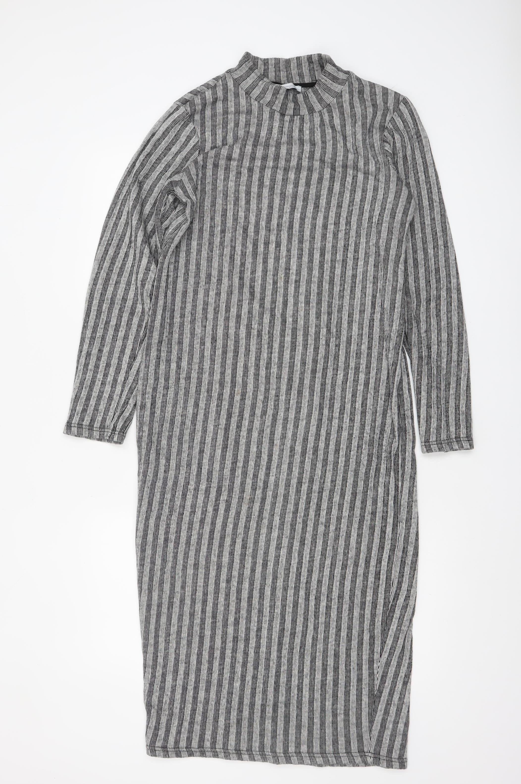 Zara Women Grey Striped Mock Neck Long Sleeve Bodycon Midi Dress L