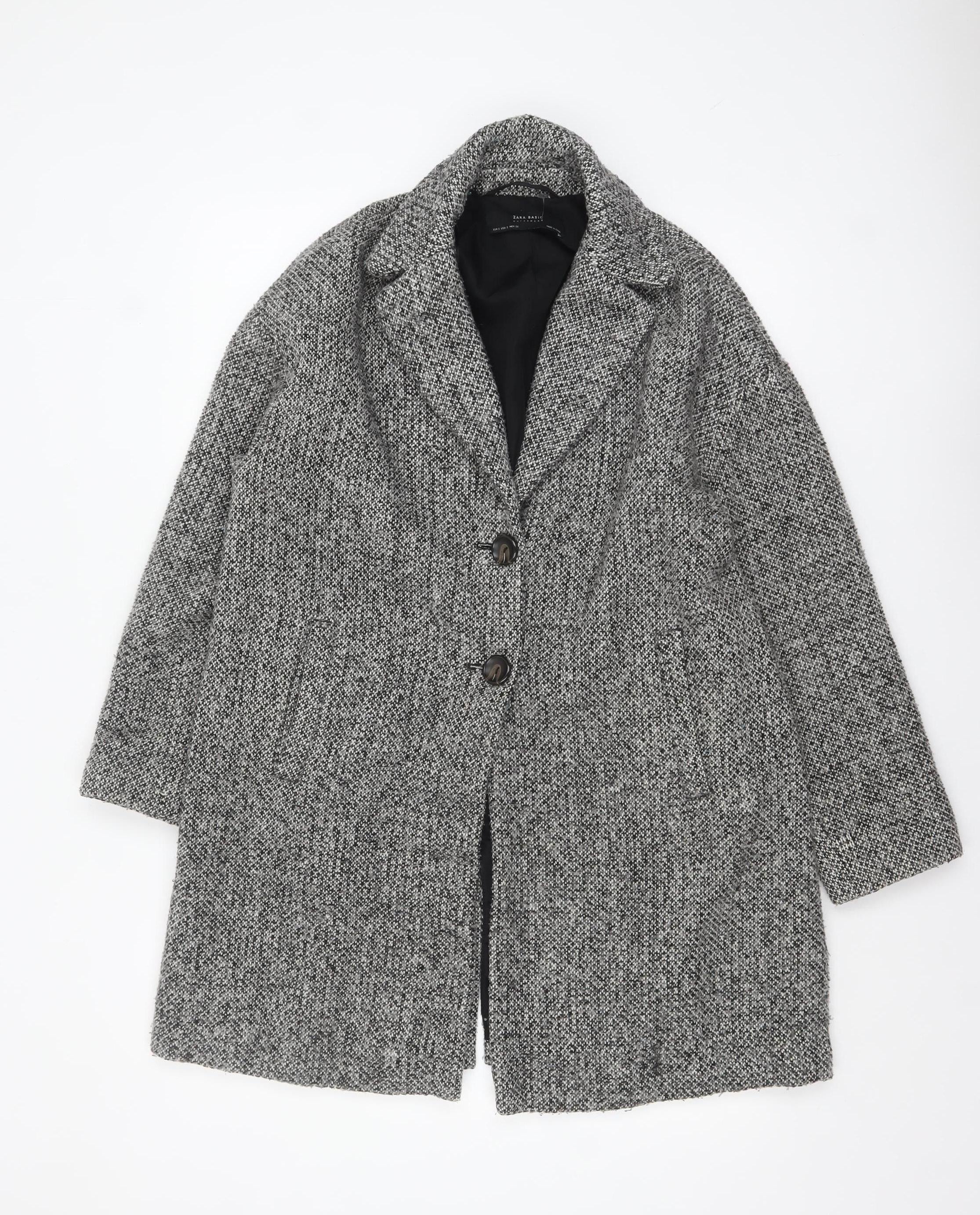 Zara Women Grey Wool Blend Tweed Mid-Length Overcoat Size 8