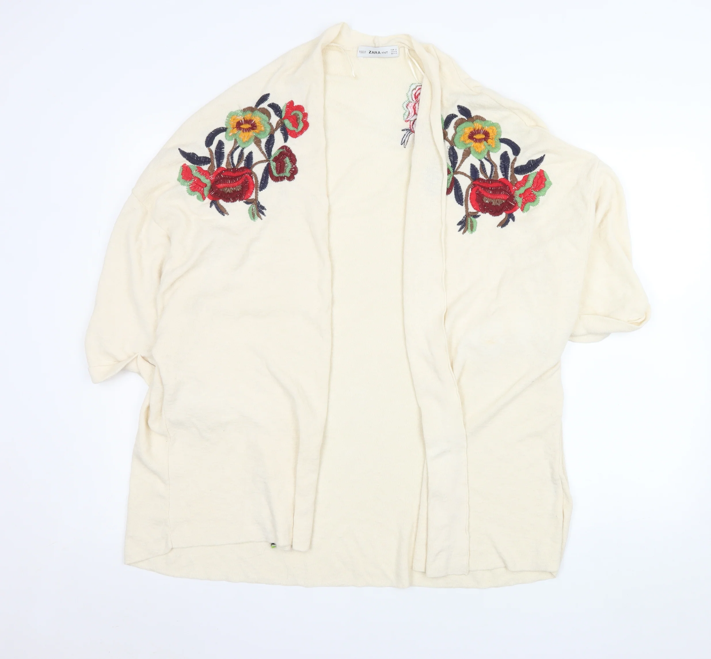 Zara Women Ivory Floral Embroidered Knit Cardigan Size 12