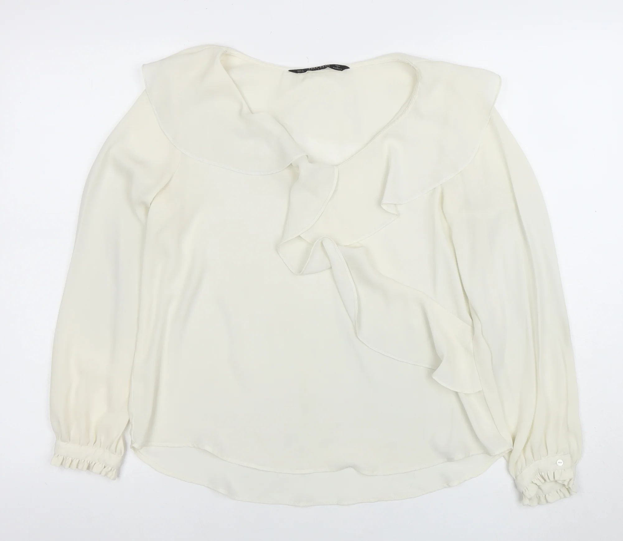Zara Women Ivory Ruffle Long Sleeve Chiffon Blouse Size S