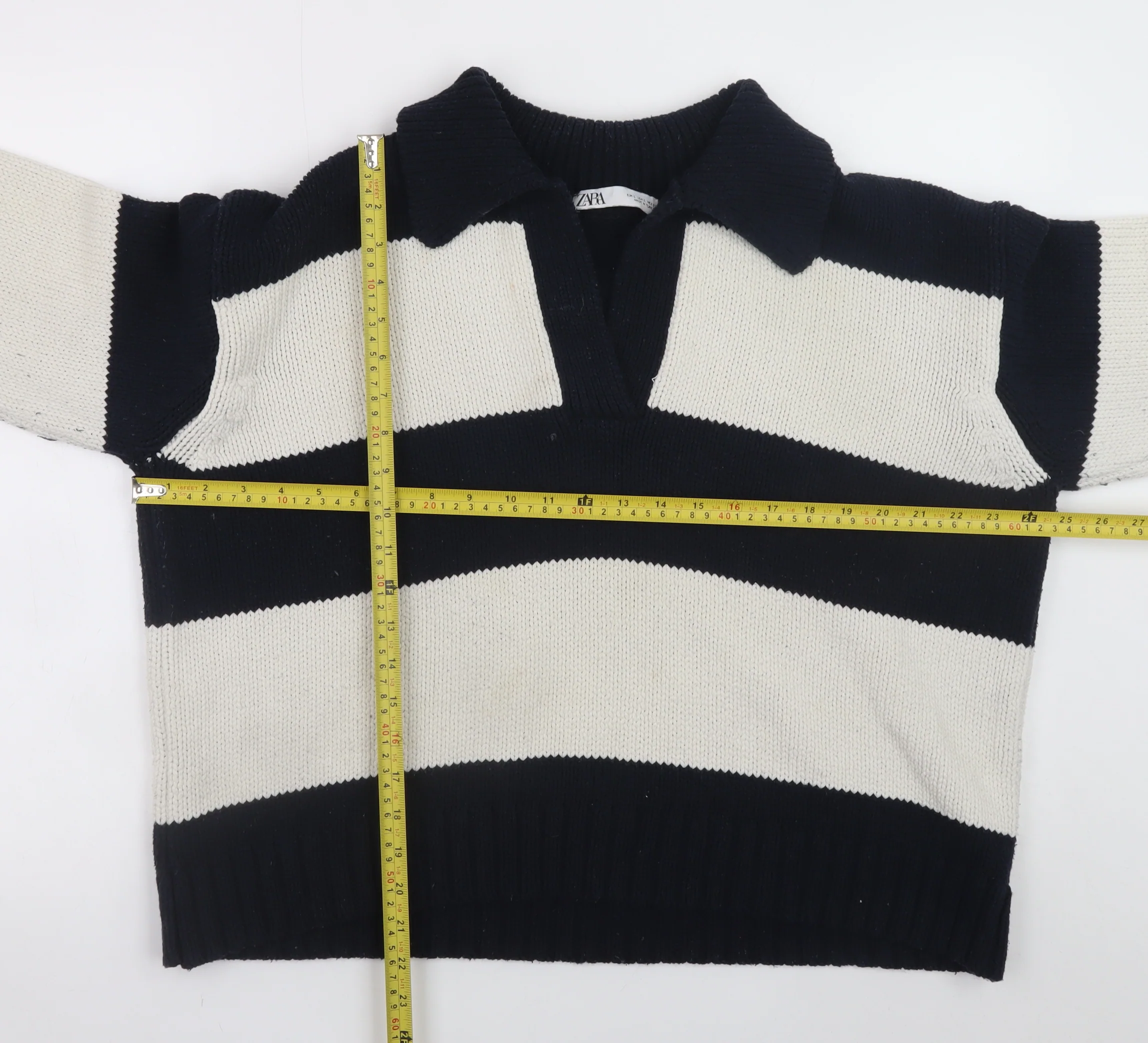 Zara Women’s Black & White Striped Collared Knit Jumper Size L - Image 2