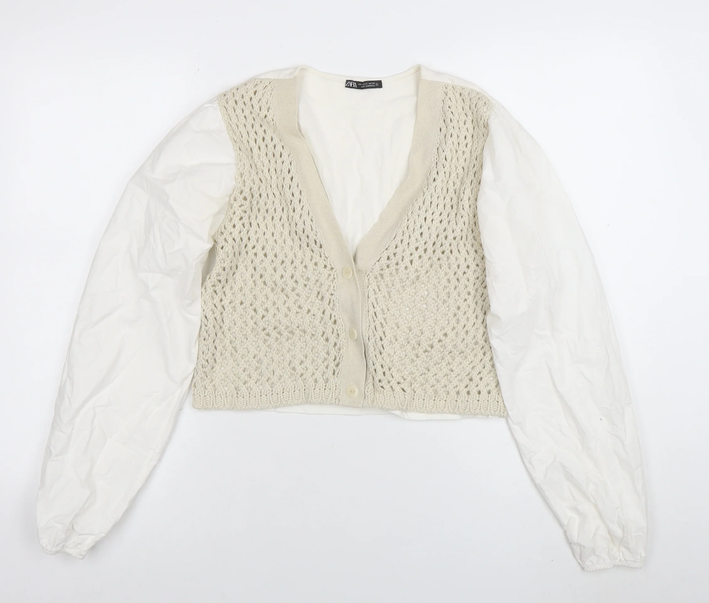 ZARA Women’s Ivory Open-Knit V-Neck Cardigan Size S