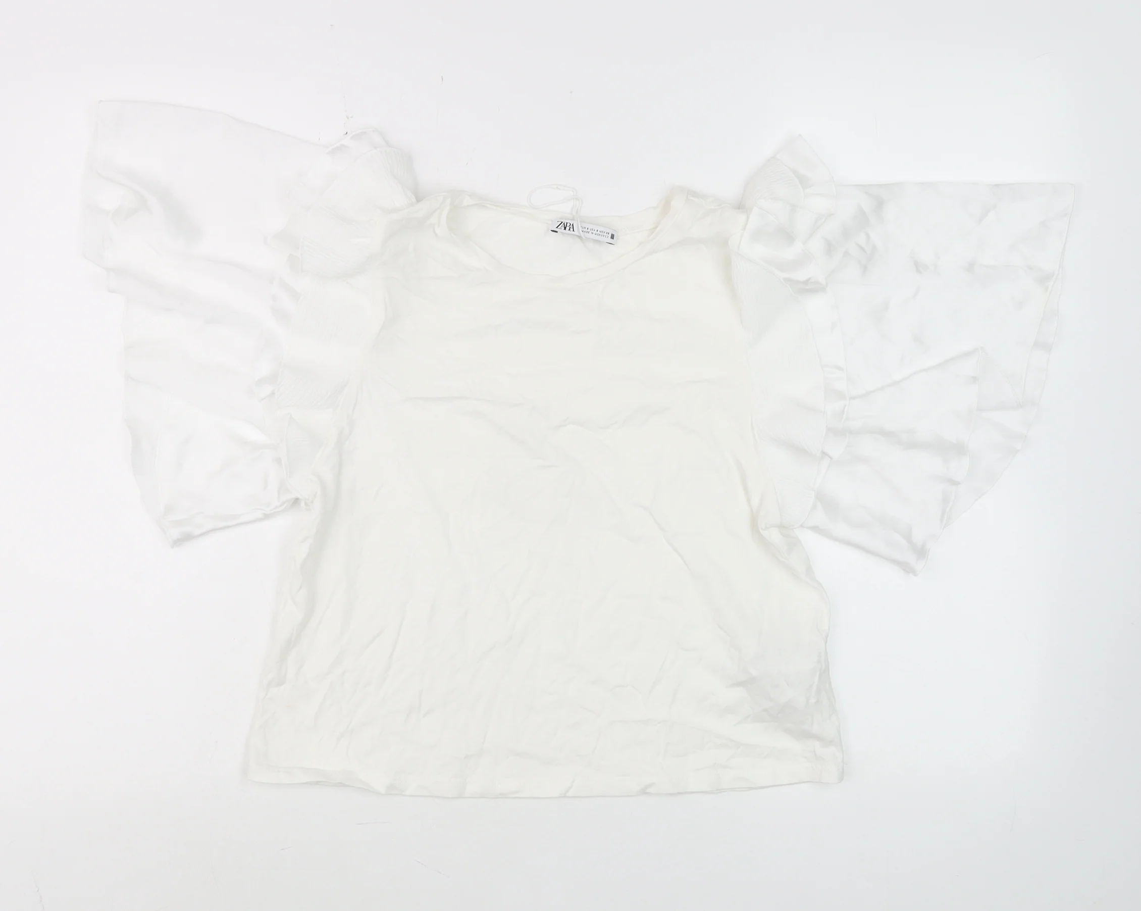ZARA Women White Ruffle Flutter Sleeve Tunic Blouse Size S