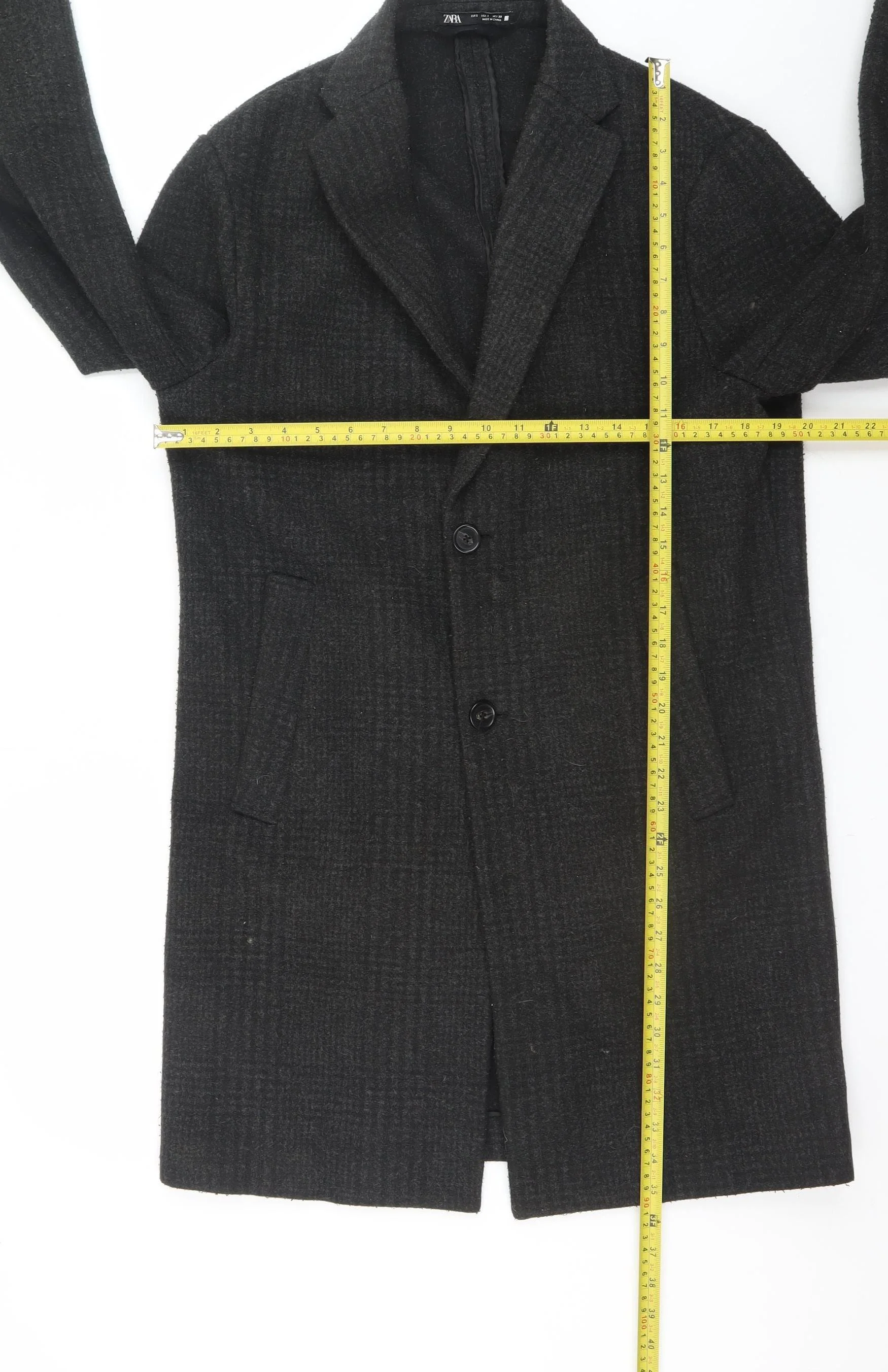 Zara Womens Black Long Check Overcoat Size S Classic Wool Look - Image 2
