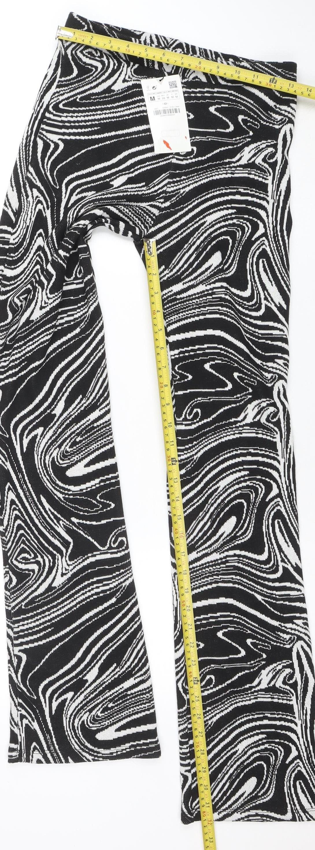 ZARA Womens Black White Geometric Flared Knit Trousers Size M - Image 2
