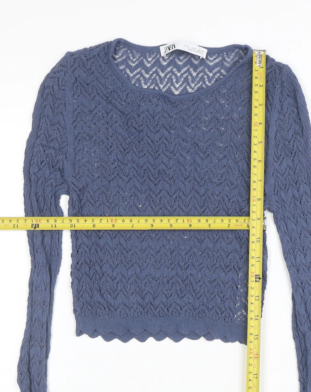 ZARA Womens Blue Crochet Knit Cropped Top Size S Long Sleeve - Image 2